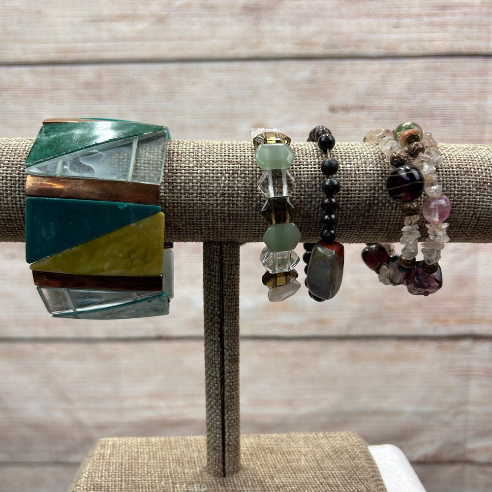 Multicolor Stretch Bracelet Set 4pc Boho Geometric Stone Glass